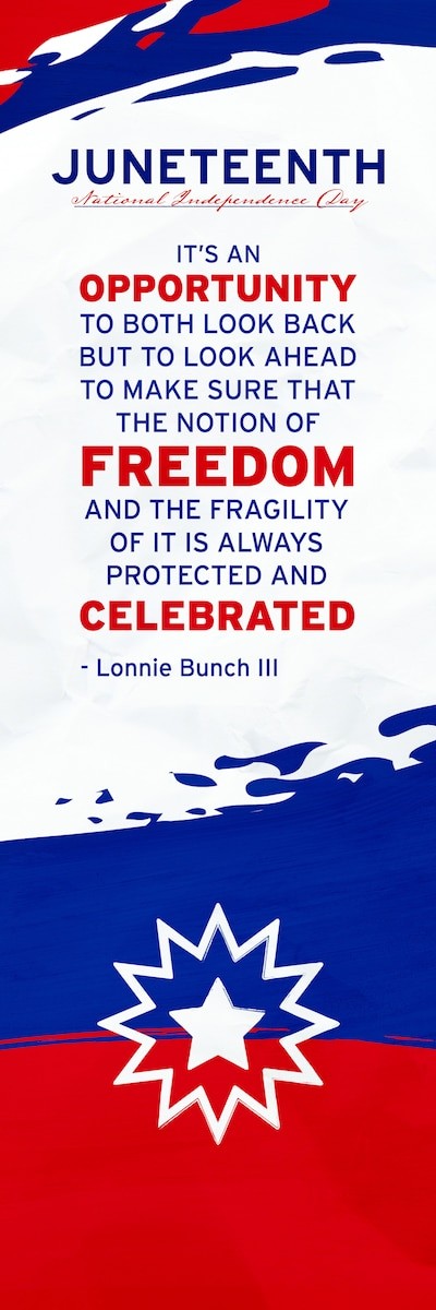 A banner in red, white, and blue describing Juneteenth