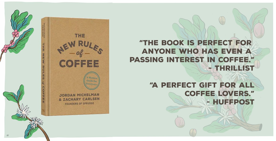 A promotional image for "The New Rules of Coffee" book, featuring a stylized coffee cup and text promoting the book's availability.