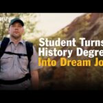 A split image showing a younger John Roos visiting Gettysburg battlefield and an older John Roos in his Park Ranger uniform, illustrating his career transformation through history.