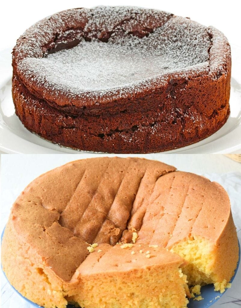 A sunken cake with a collapsed middle, illustrating the problem of cake sinking