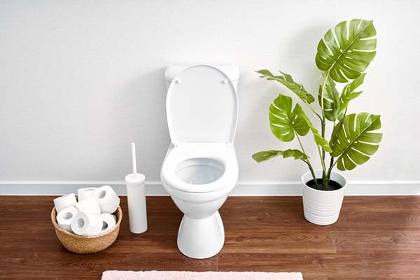 A well-organized bathroom with a white toilet, emphasizing the home setting where individuals may observe their stool color for health monitoring.