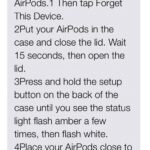 AirPods reset steps for fixing single AirPod issue, showing instructions from Apple advisor on checking connections and settings.