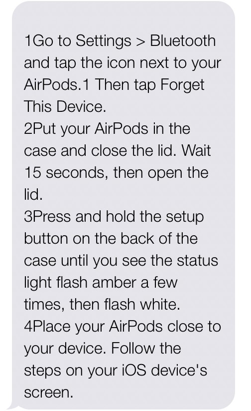 AirPods reset steps for fixing single AirPod issue, showing instructions from Apple advisor on checking connections and settings.