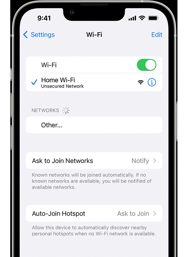 An iPhone showing the Wi-Fi settings screen, highlighting that Wi-Fi is on and displaying available networks.