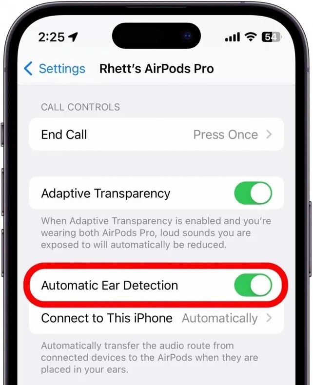 Automatic Ear Detection settings on iPhone