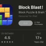 Block Blast app shown with a 17+ age rating in the Apple App Store, indicating content that may not be suitable for younger audiences.