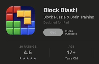 Block Blast app shown with a 17+ age rating in the Apple App Store, indicating content that may not be suitable for younger audiences.