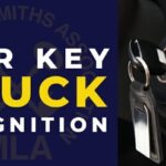 Car key stuck in the ignition, a common car problem requiring professional help from an auto locksmith.