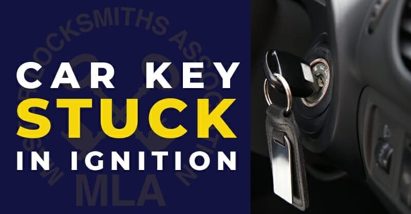 Car key stuck in the ignition, a common car problem requiring professional help from an auto locksmith.