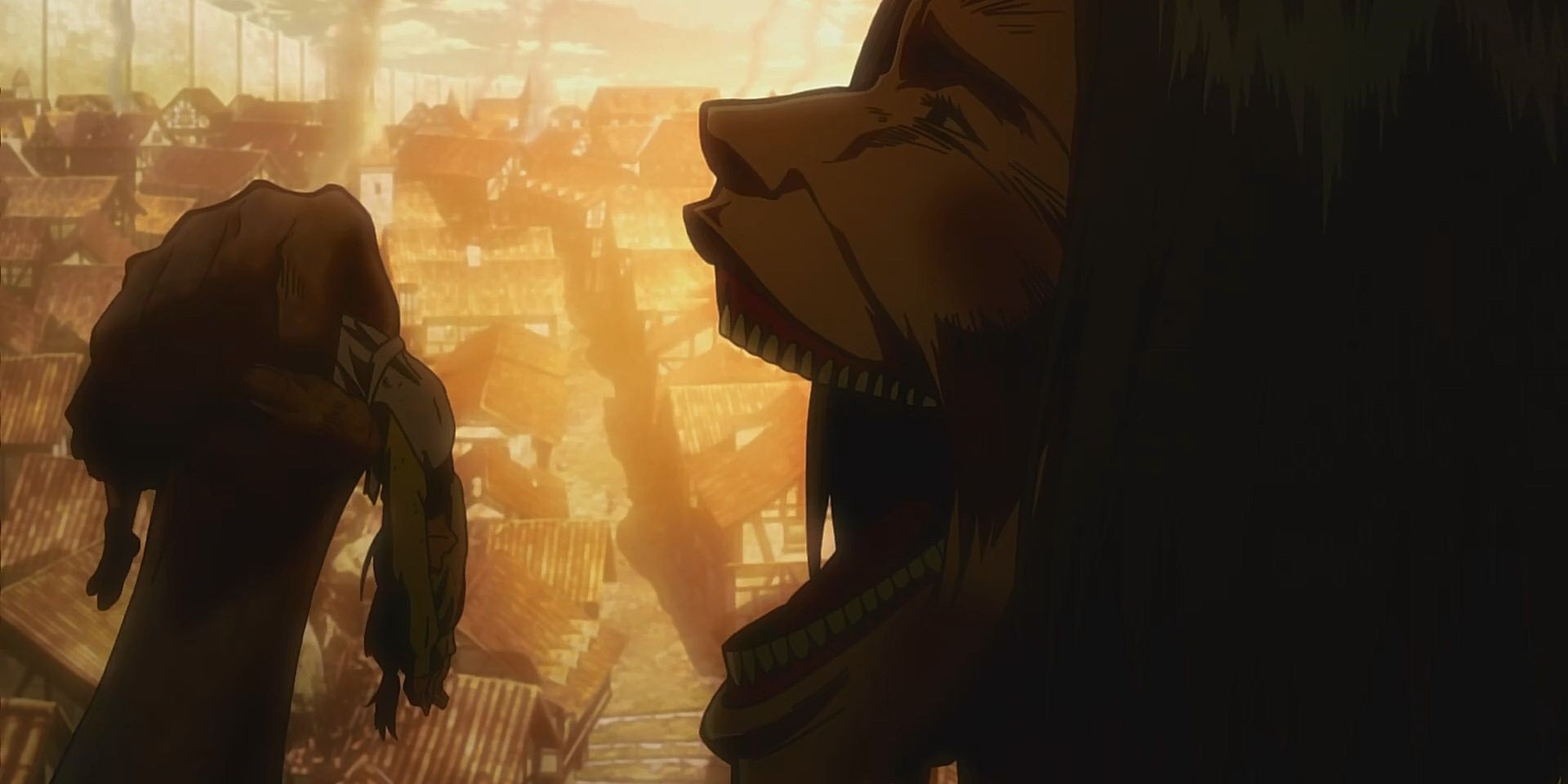 Carla Jaeger's tragic death in Attack on Titan, highlighting the ever-present threat of Titans devouring humans and the personal stakes in the story.