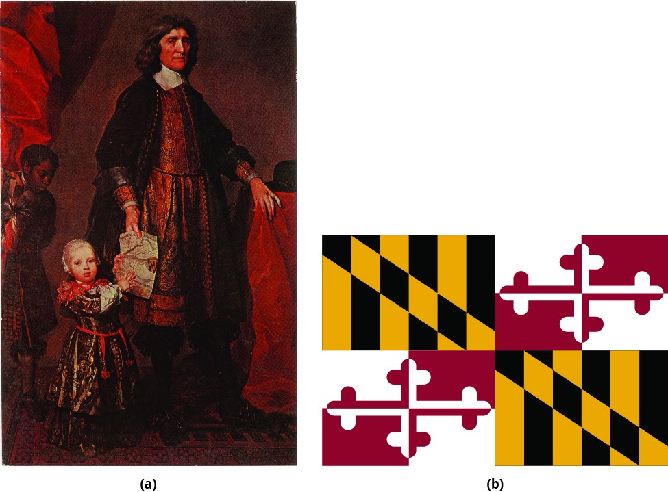 Cecil Calvert, second Lord Baltimore, and the Maryland state flag, symbols of Maryland's founding and heritage