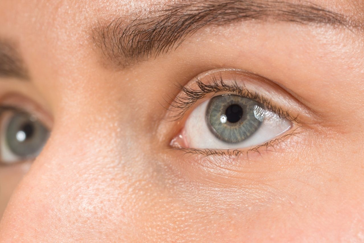 Close-up of a woman's eye, illustrating the common experience of eye twitching.