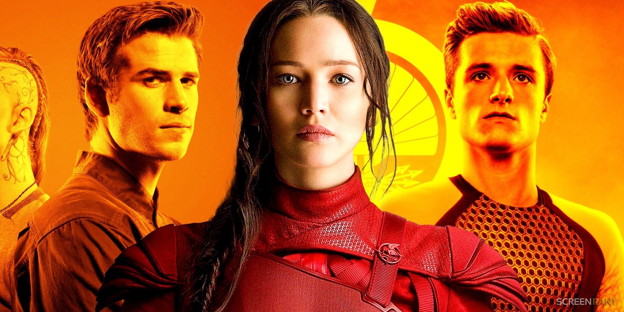 Collage of Gale (Liam Hemsworth), Katniss (Jennifer Lawrence), and Peeta (Josh Hutcherson) in The Hunger Games