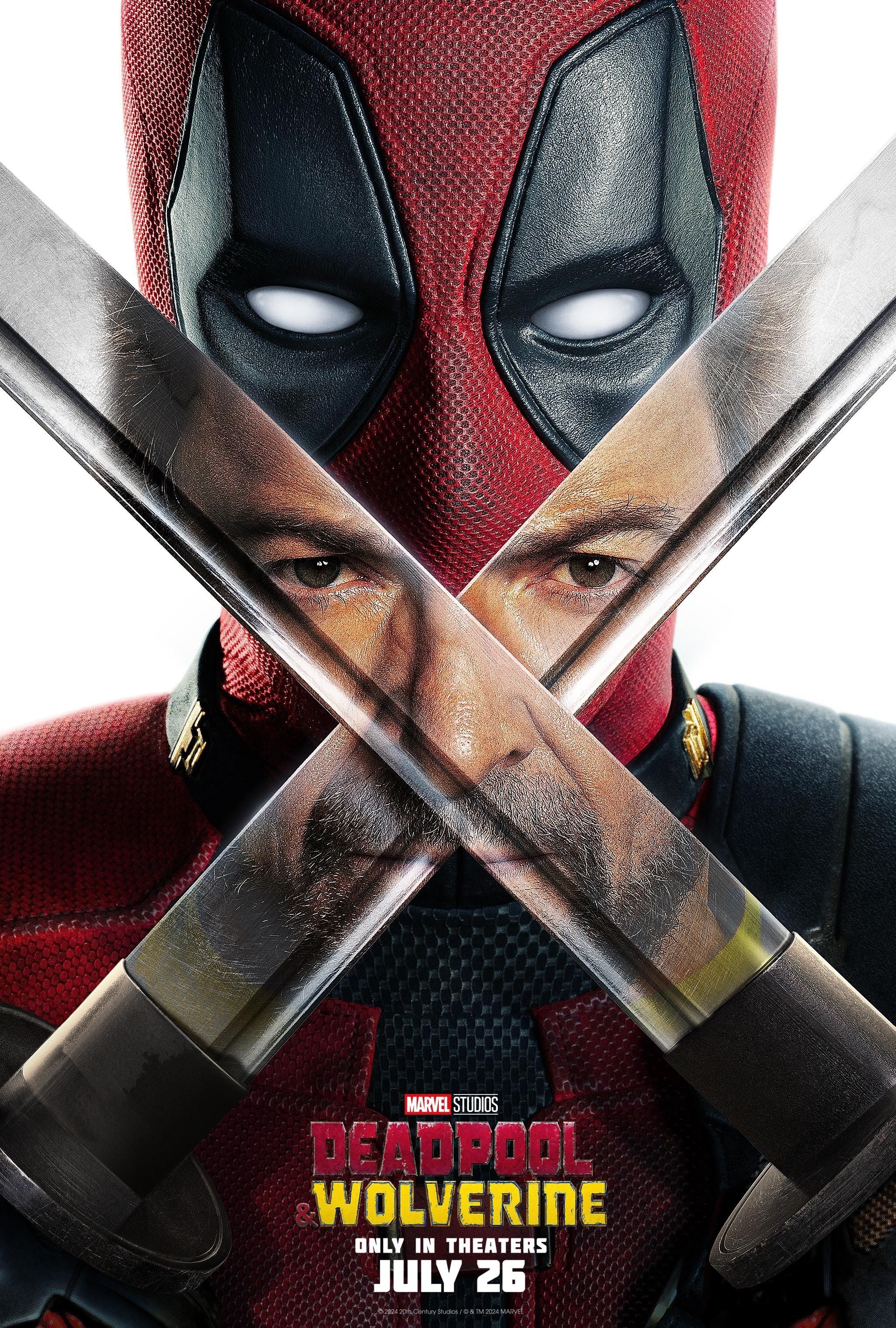 Deadpool and Wolverine movie poster featuring Wade Wilson's swords reflecting Wolverine, promoting the upcoming MCU film.