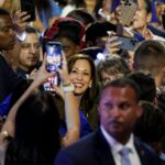 Democratic presidential nominee Kamala Harris engages with supporters at a rally in Las Vegas.