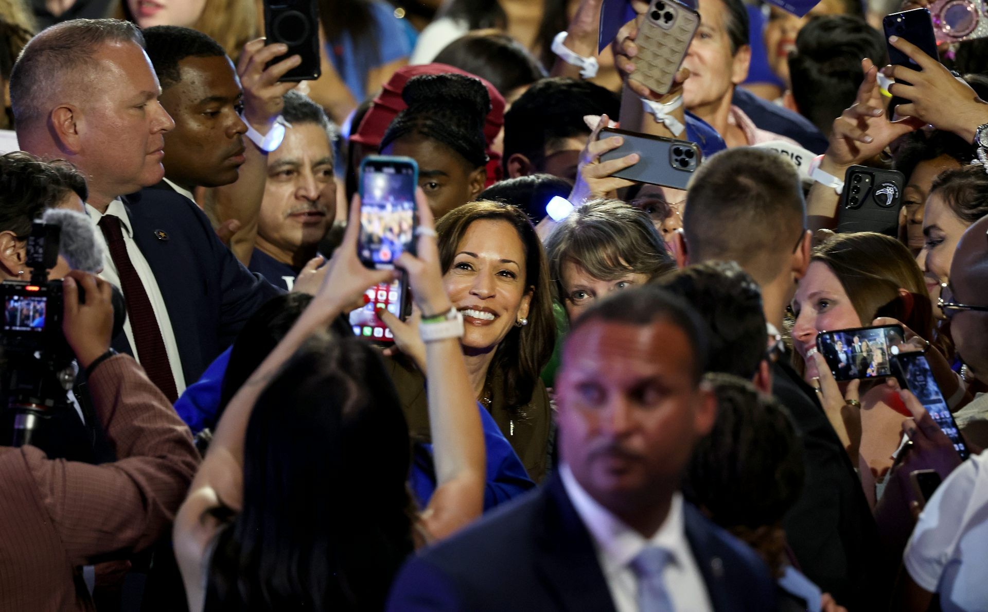 Democratic presidential nominee Kamala Harris engages with supporters at a rally in Las Vegas.