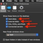 Finder Preferences showing External disks and CDs, DVDs and iPods checkboxes are selected