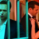 Image depicting Mike Ross in prison contrasted with Harvey Specter and Donna Paulsen's relationship in the Suits finale, showcasing pivotal character arcs.