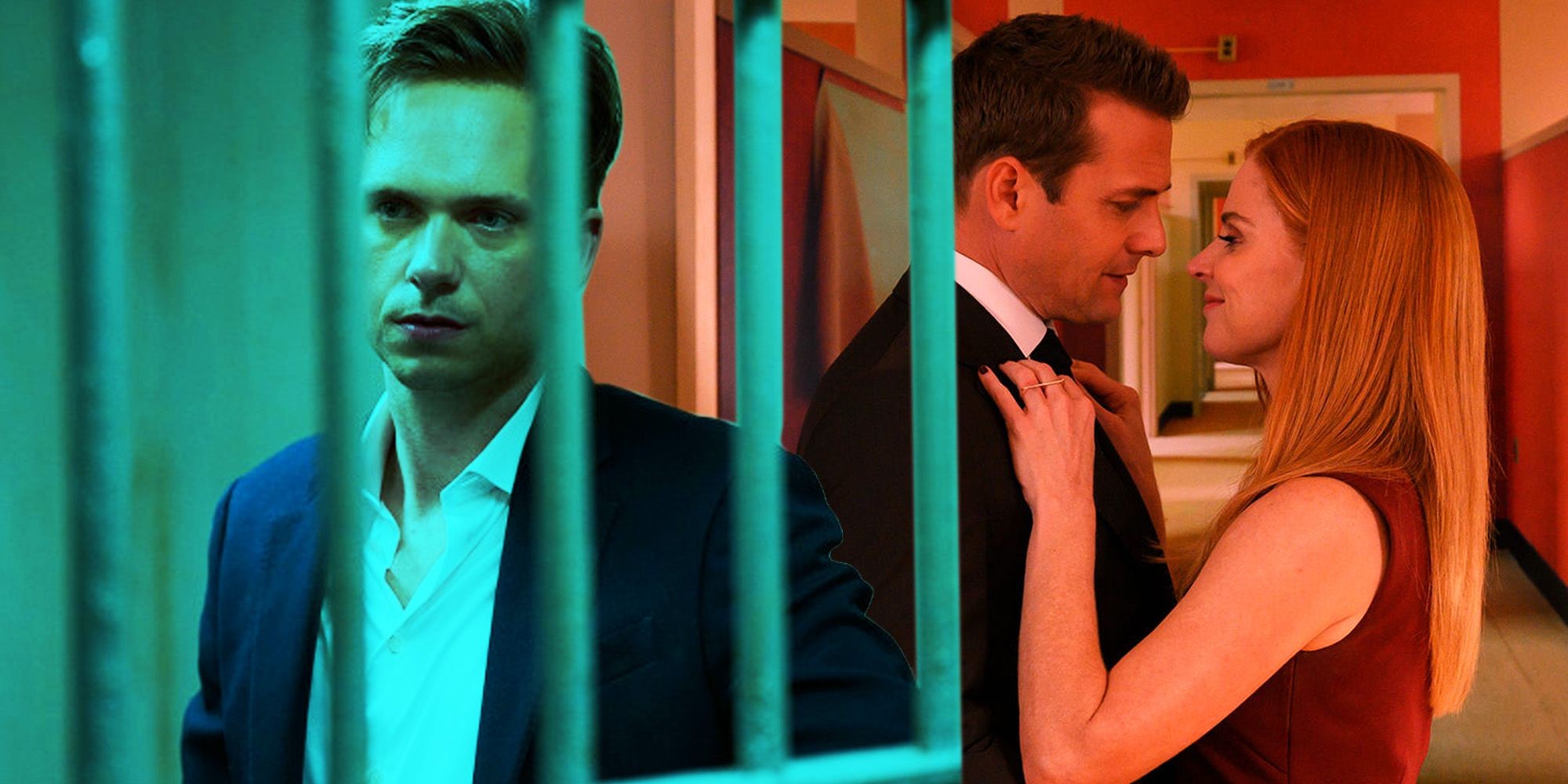 Image depicting Mike Ross in prison contrasted with Harvey Specter and Donna Paulsen's relationship in the Suits finale, showcasing pivotal character arcs.