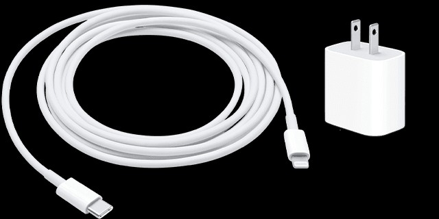 Image of a lightning to USB cable and a USB-C wall adapter