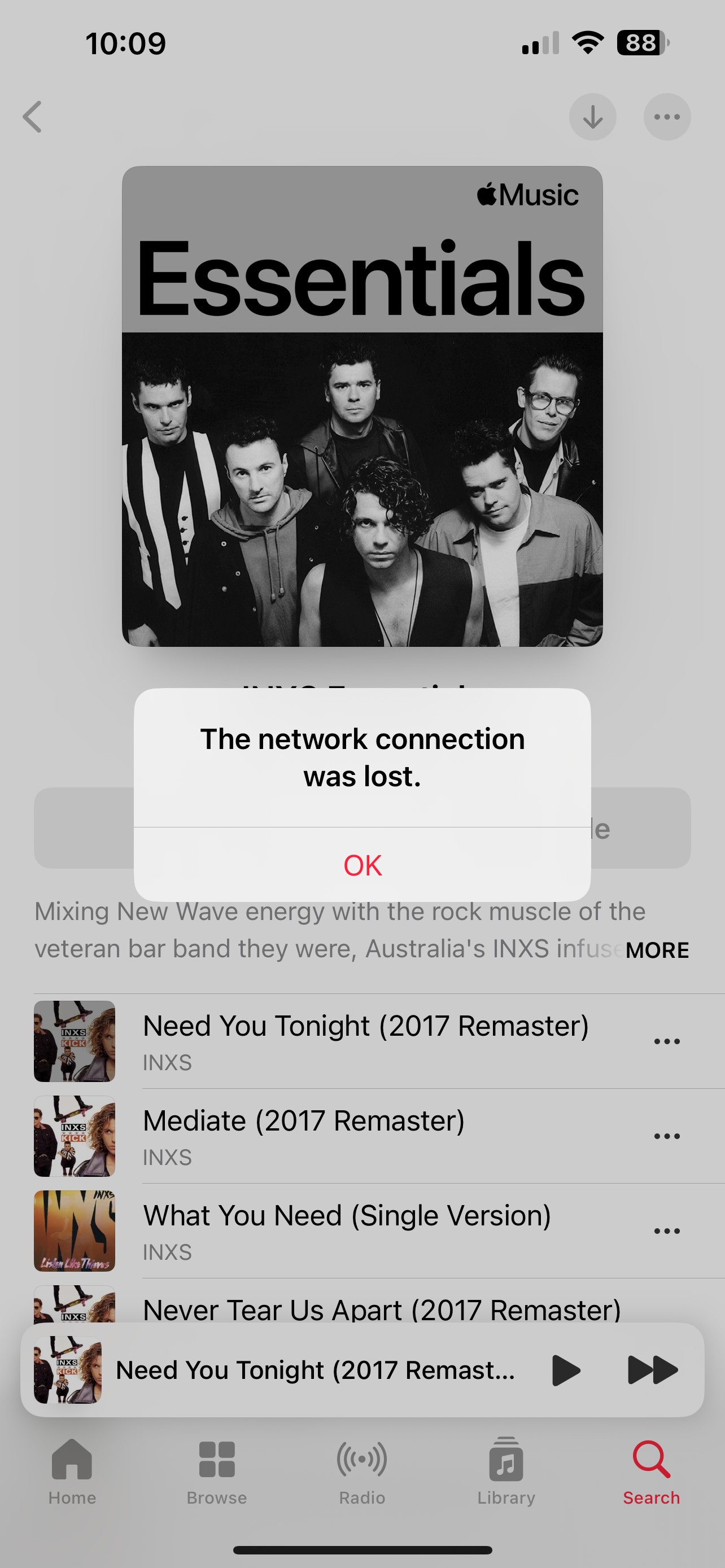 iPhone displaying "Network connection lost" error while using Apple Music