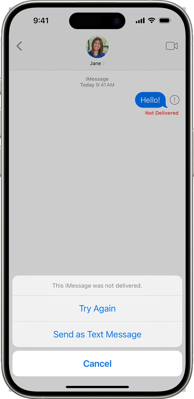 iPhone screen displaying a message with a blue bubble and a "Not Delivered" error below it