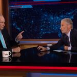 Jon Stewart of The Daily Show interviewing Bill O'Reilly, referencing the cancellation of their Milwaukee shows during the Republican National Convention.