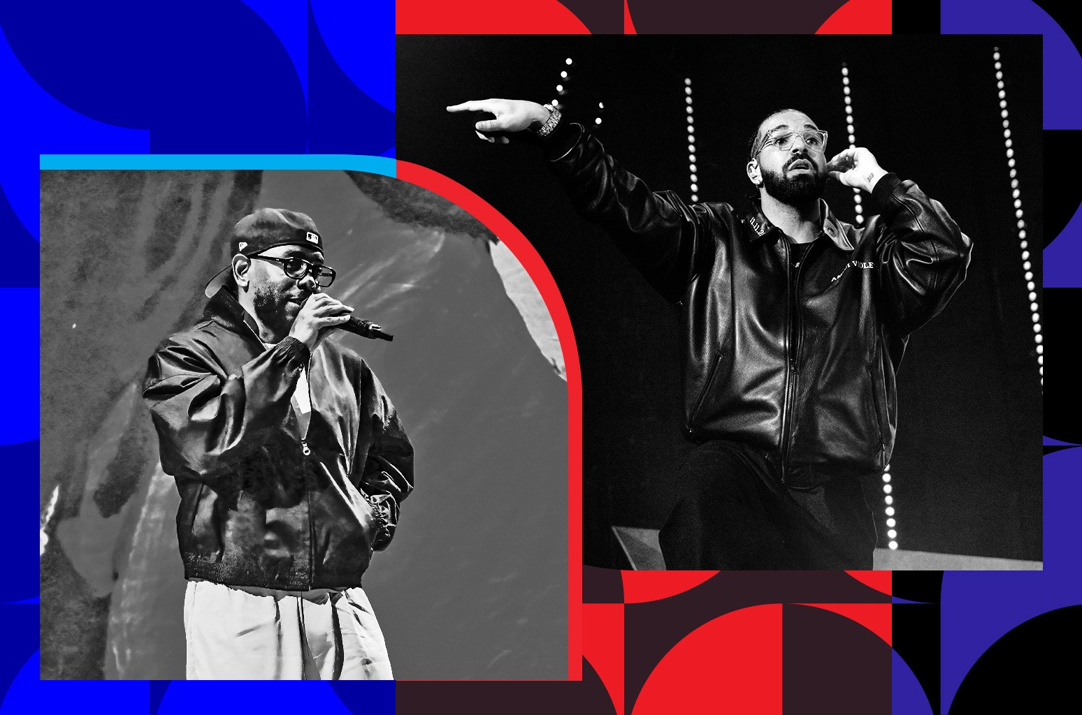 Kendrick Lamar and Drake in a split image, representing their feud, Billboard article visual