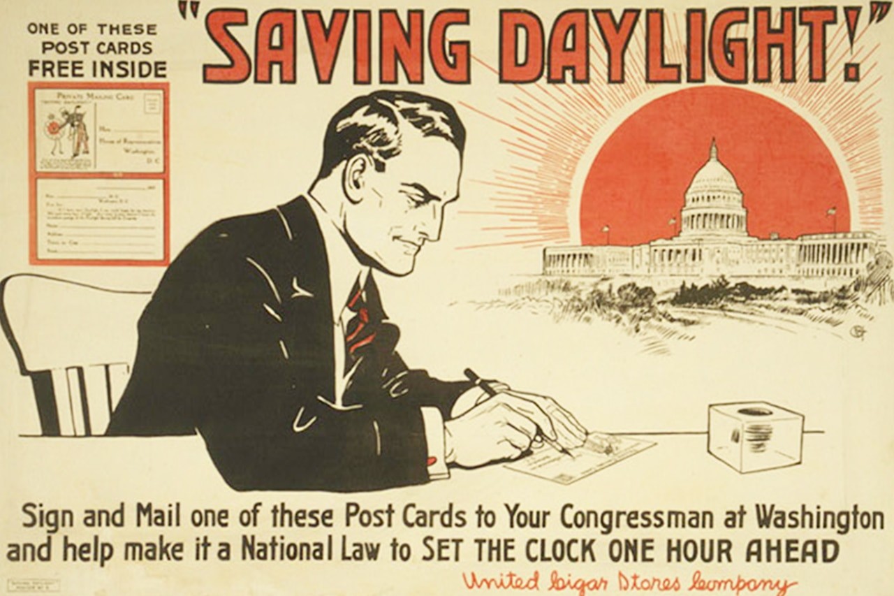 Lobby Poster encouraging citizens to support Daylight Saving Time, highlighting its importance during wartime.