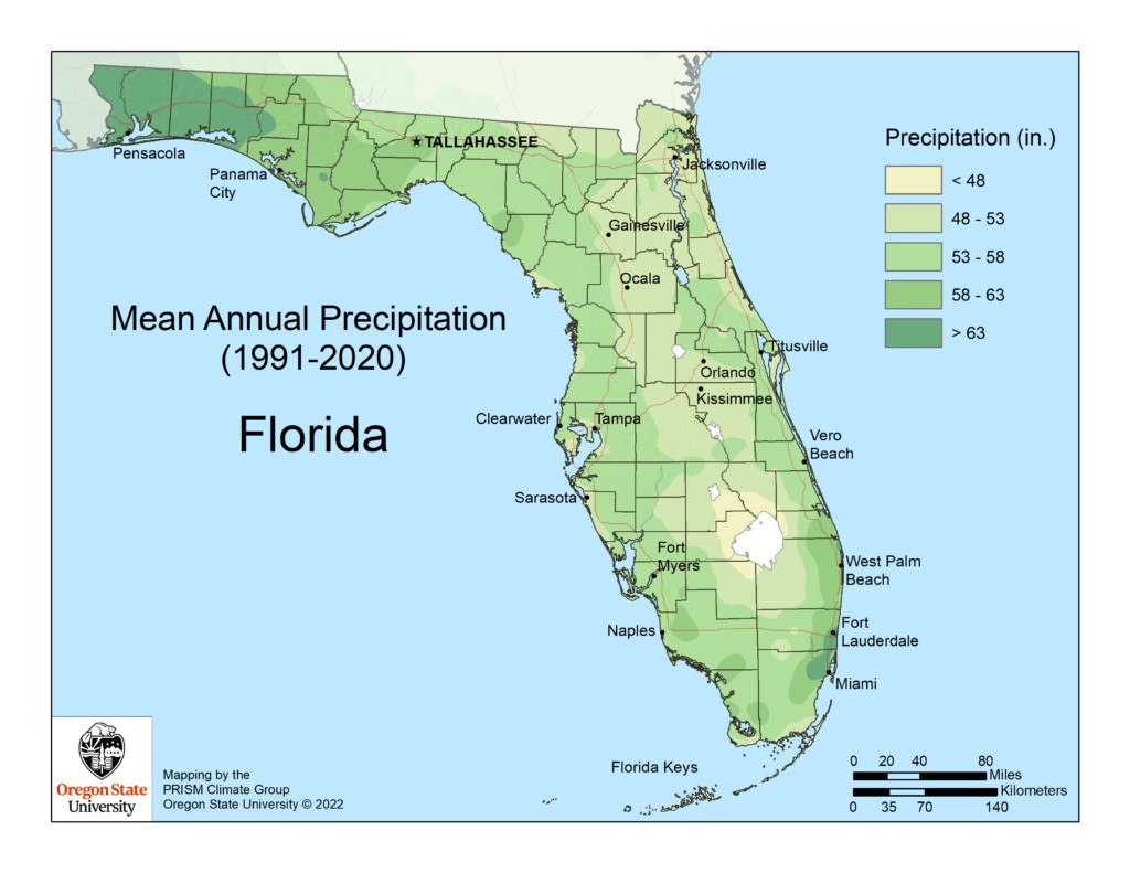 Map of florida showing average annual precipitation from 1991-2020, with color gradients representing different precipitation levels in inches.