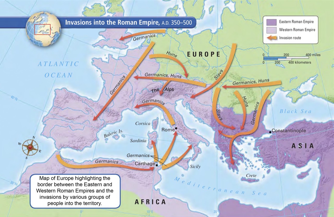 Map of the Western Roman Empire at its peak, illustrating the vast territory that eventually declined and fell, highlighting the geographical scale of the historical event.