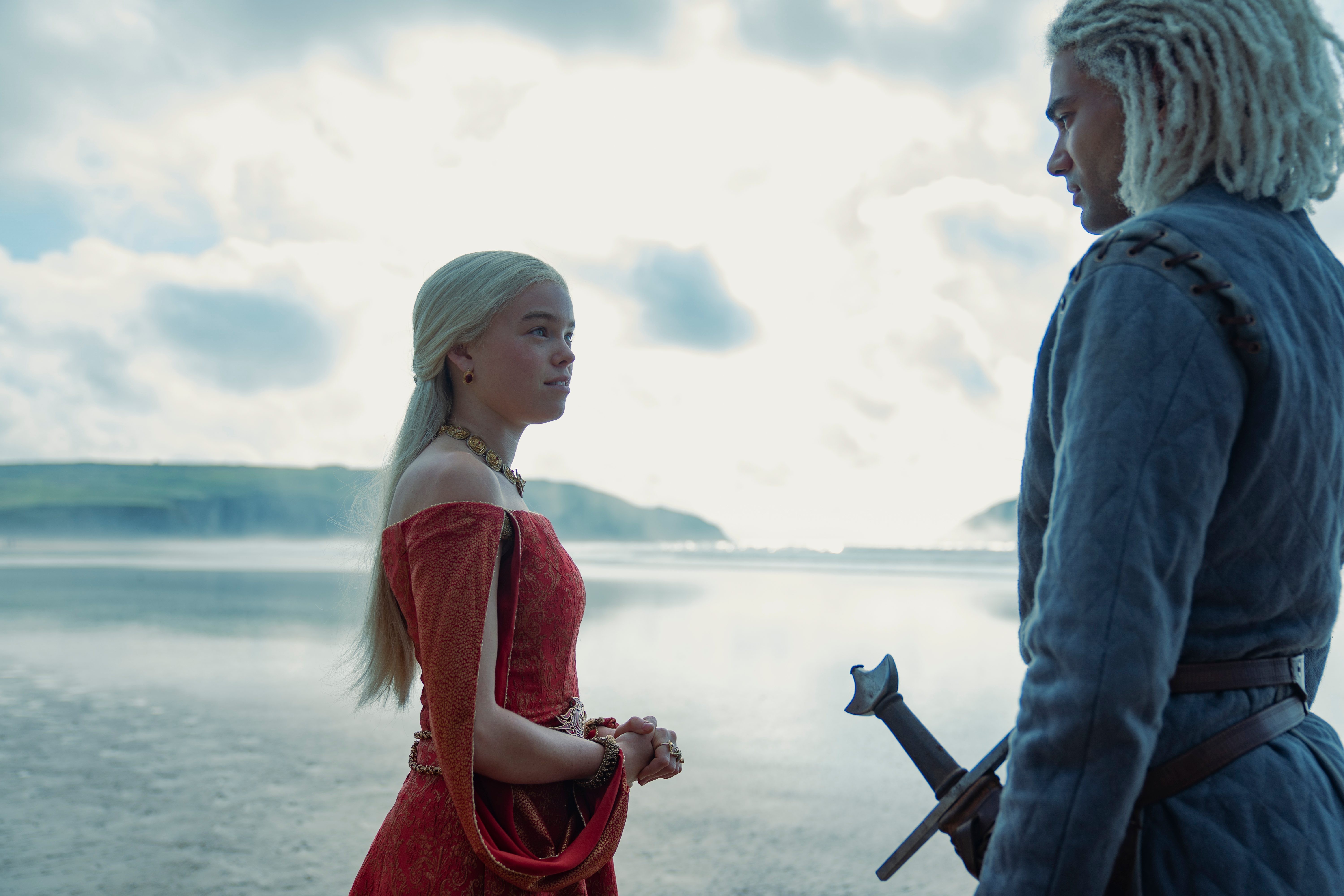 Milly Alcock as Princess Rhaenyra Targaryen and Theo Nate as Ser Laenor Velaryon in House of the Dragon