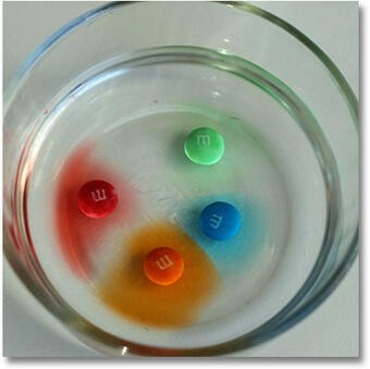 M&M candies dissolving in water demonstrating water's solvent properties