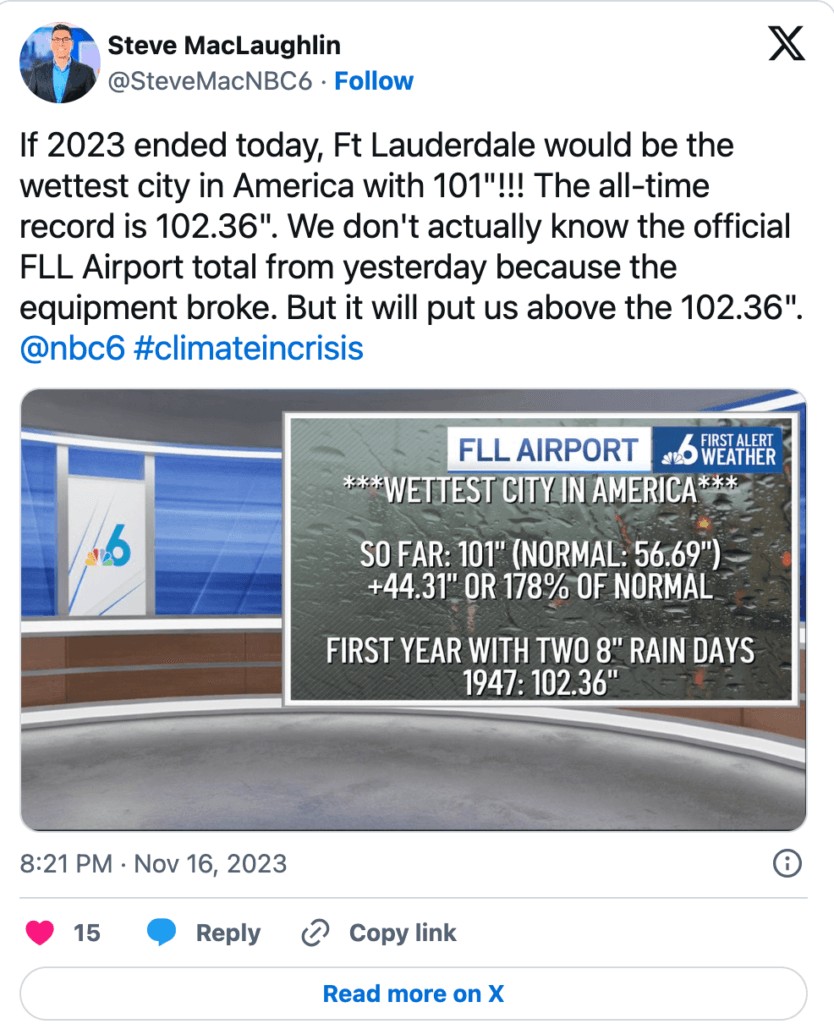 News tweet reporting on record rainfall in ft. lauderdale with a comparison to historical data.