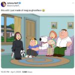 Original Johnny Neff Meg Ghostface Family Guy meme edit with text overlay reading "Johnny Neff @JohnnyNeff_ this edit i just made of meg as ghostface 10:20 PM Apr 1, 2023 3.5M Views @Johnny Neff"