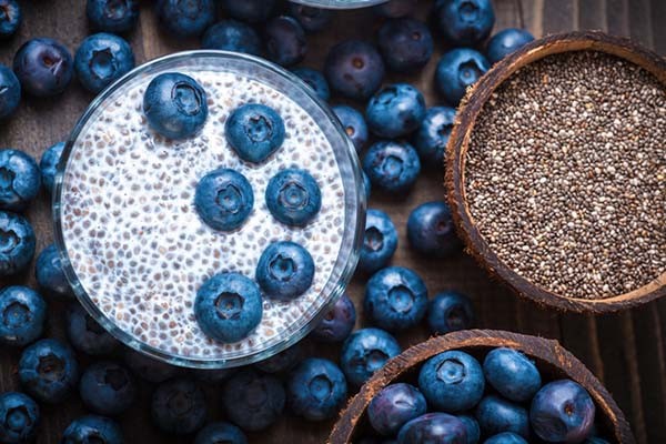 Overhead view of chia seed pudding with almond milk and blueberries, next to coconut shells holding dry chia seeds and blueberries