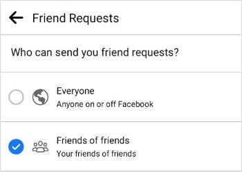 Privacy settings restricting friend requests, showing "Friends of Friends" option highlighted, indicating a possible reason for the missing "Add Friend" button.