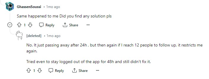 Reddit discussion about not able to follow someone