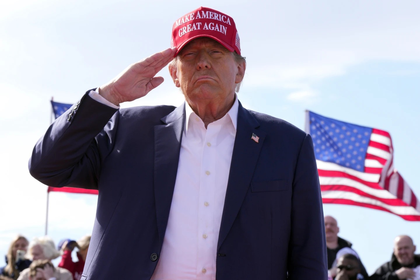 Republican presidential candidate former President Donald Trump salutes at a campaign rally on March 16, 2024, in Vandalia, Ohio. (Photo via AP Photo/Jeff Dean.)