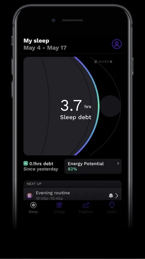 RISE app screenshot displaying sleep debt amount