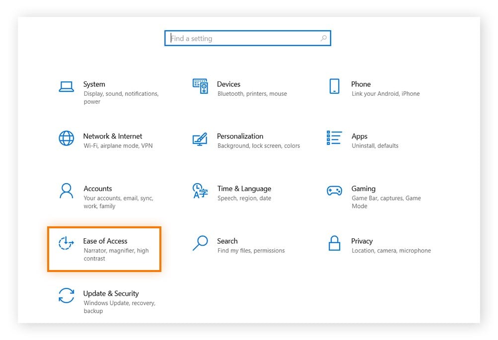 Selecting Ease of Access in Windows Settings.