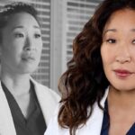 Split side-by-side image of Cristina Yang in black-and-white and in color on Grey