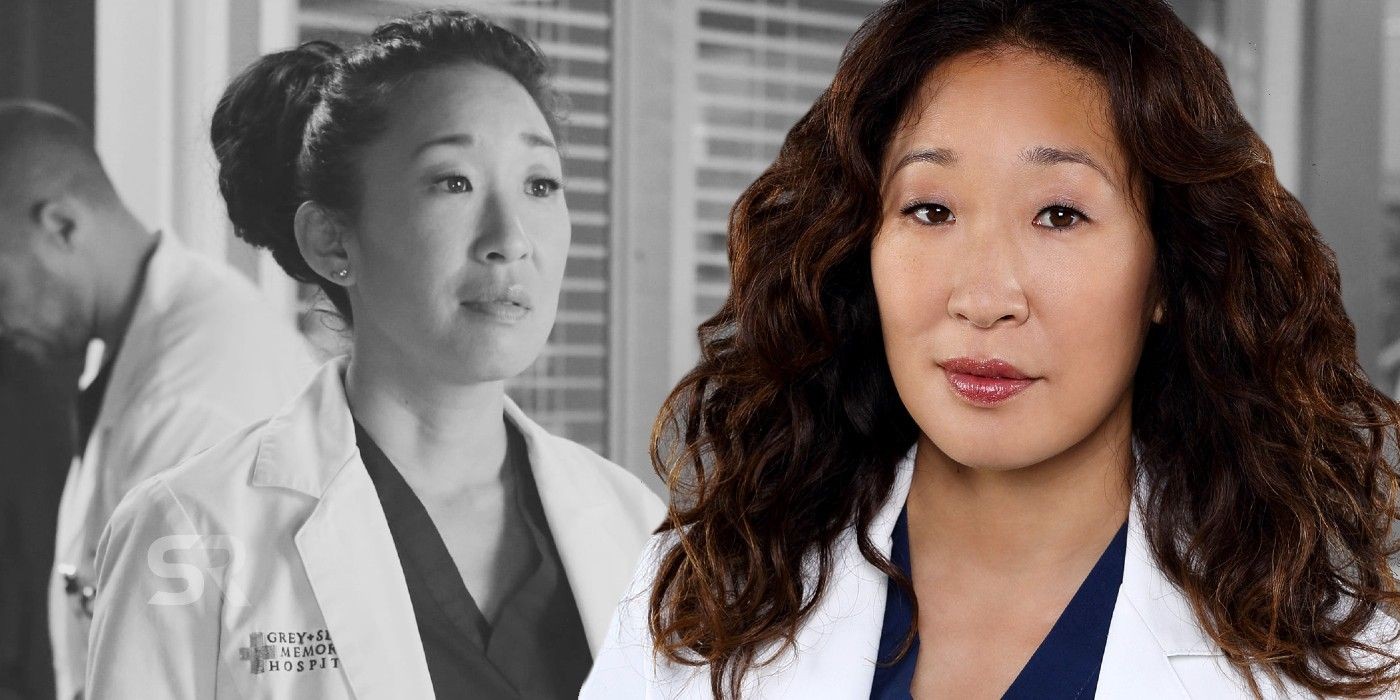 Split side-by-side image of Cristina Yang in black-and-white and in color on Grey