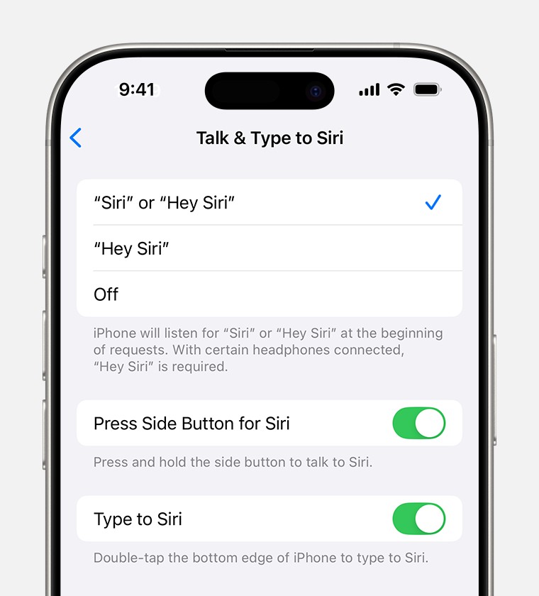 Talk & Type to Siri settings on iPhone showing 'Listen for Hey Siri' toggle