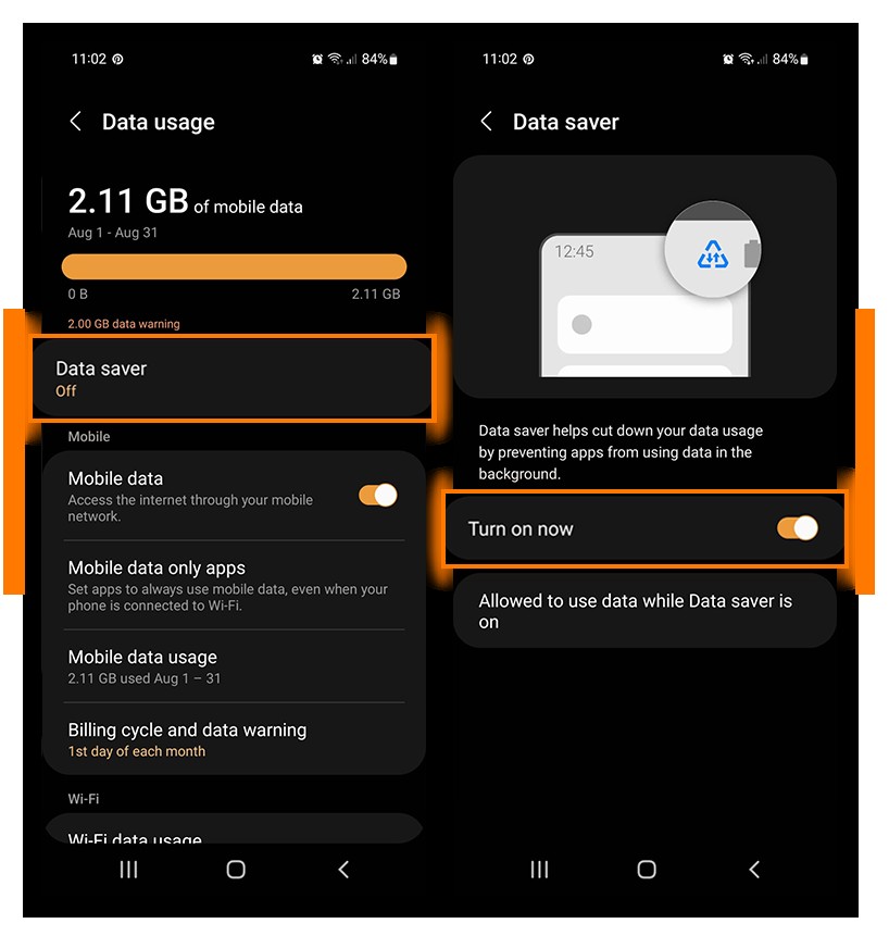 Tap Data saver then toggle on Turn on now.