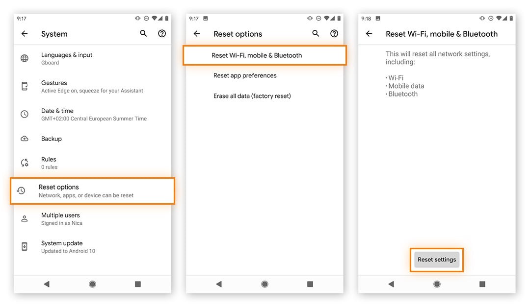 Tap Reset options then Reset Wi-Fi, mobile &amp; Bluetooth, followed by Reset settings.