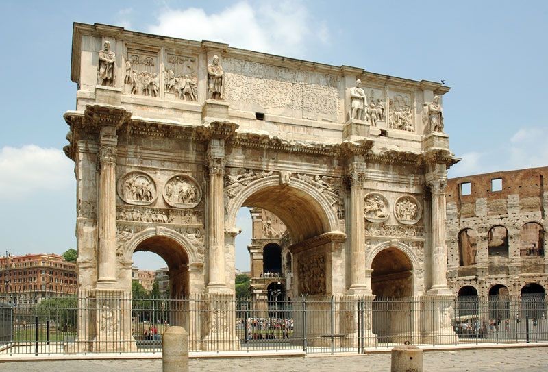 The Arch of Constantine in Rome, erected to commemorate Constantine's victory at the Milvian Bridge and his subsequent rise to power.