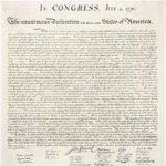 The Declaration of Independence document, formally announcing the separation of the thirteen American colonies from Great Britain in 1776.