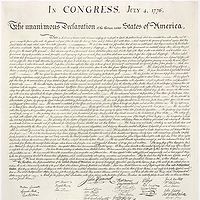 The Declaration of Independence document, formally announcing the separation of the thirteen American colonies from Great Britain in 1776.