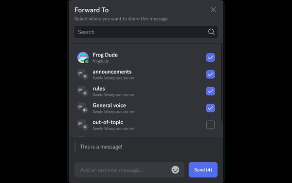 The Forward To window on Discord desktop